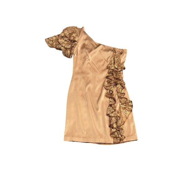 Iva Nova One-Shoulder Dress Gold Ruffles SZ 4 - Picture 9 of 10